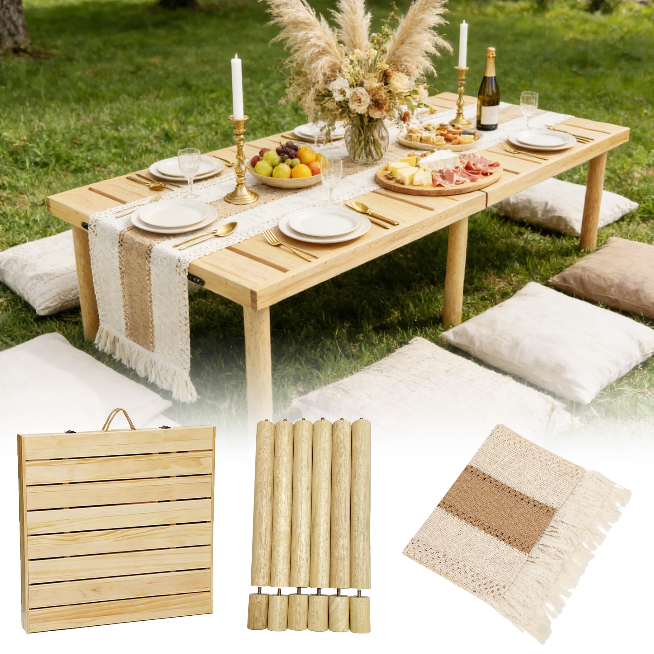 Pine Adjustable Boho Low Folding Picnic Table