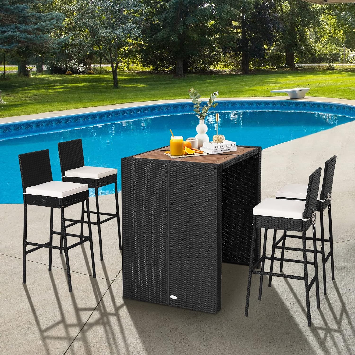 Wood Wicker Patio Bar Table Stool Set