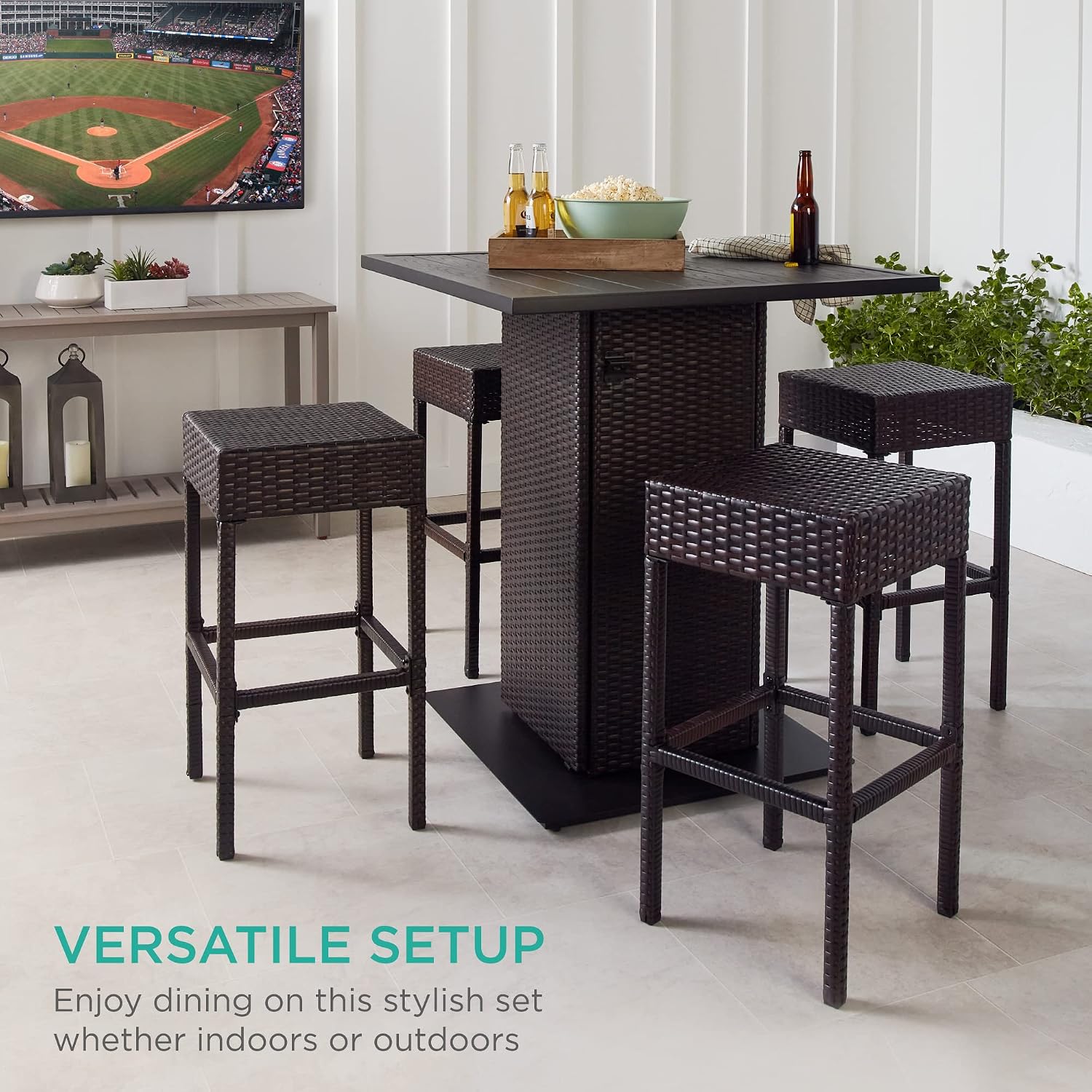 Brown Wicker Storage Patio Bar Set