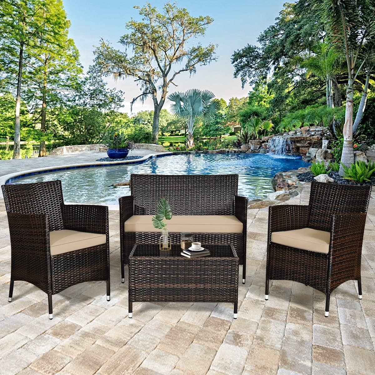 Rattan Cushioned Patio Sofa Table Set