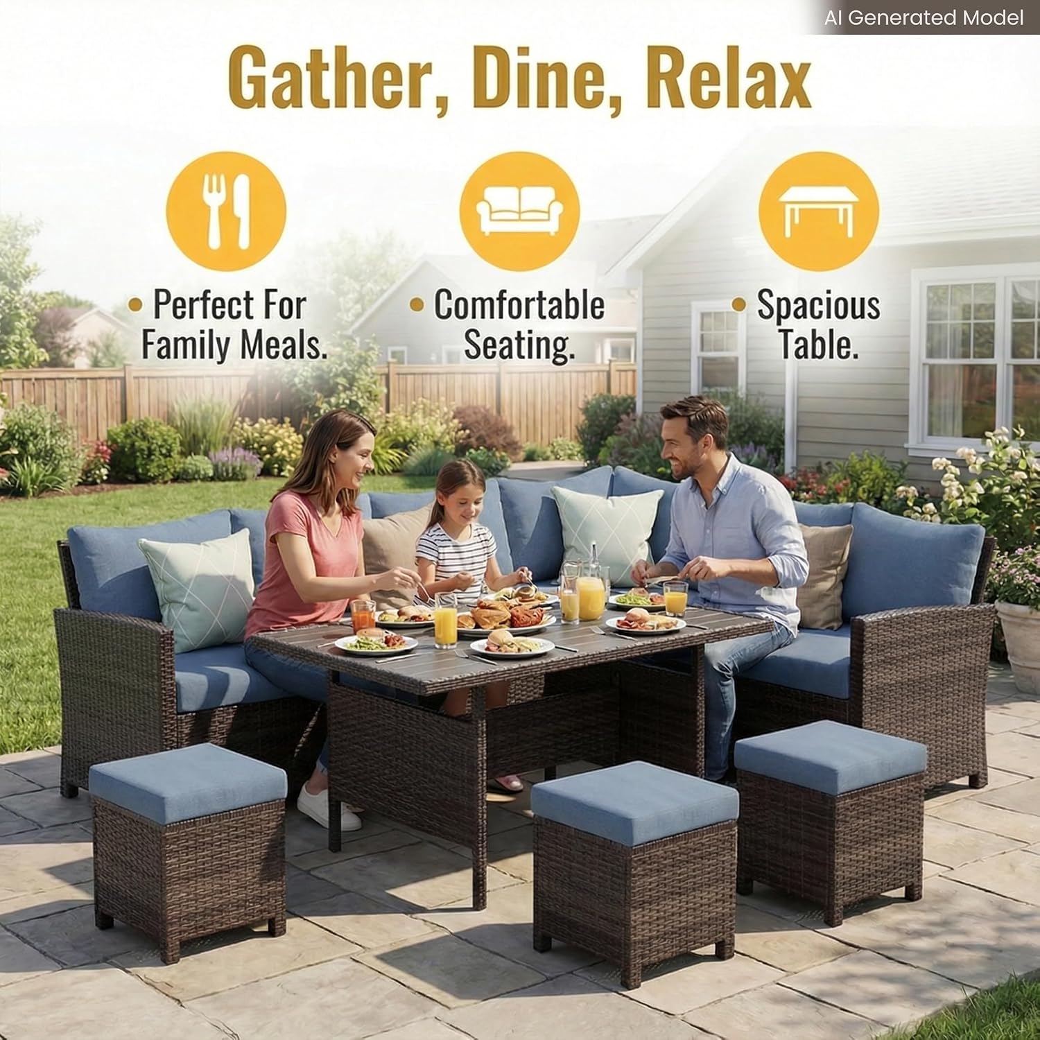 Blue Wicker Curved Back Patio Sectional Set