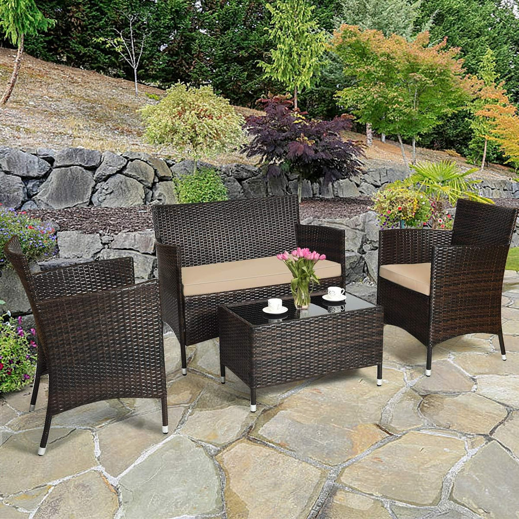 Rattan Cushioned Patio Sofa Table Set