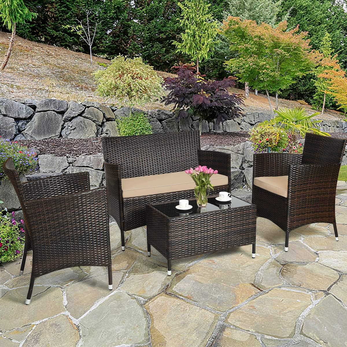 Rattan Cushioned Patio Sofa Table Set