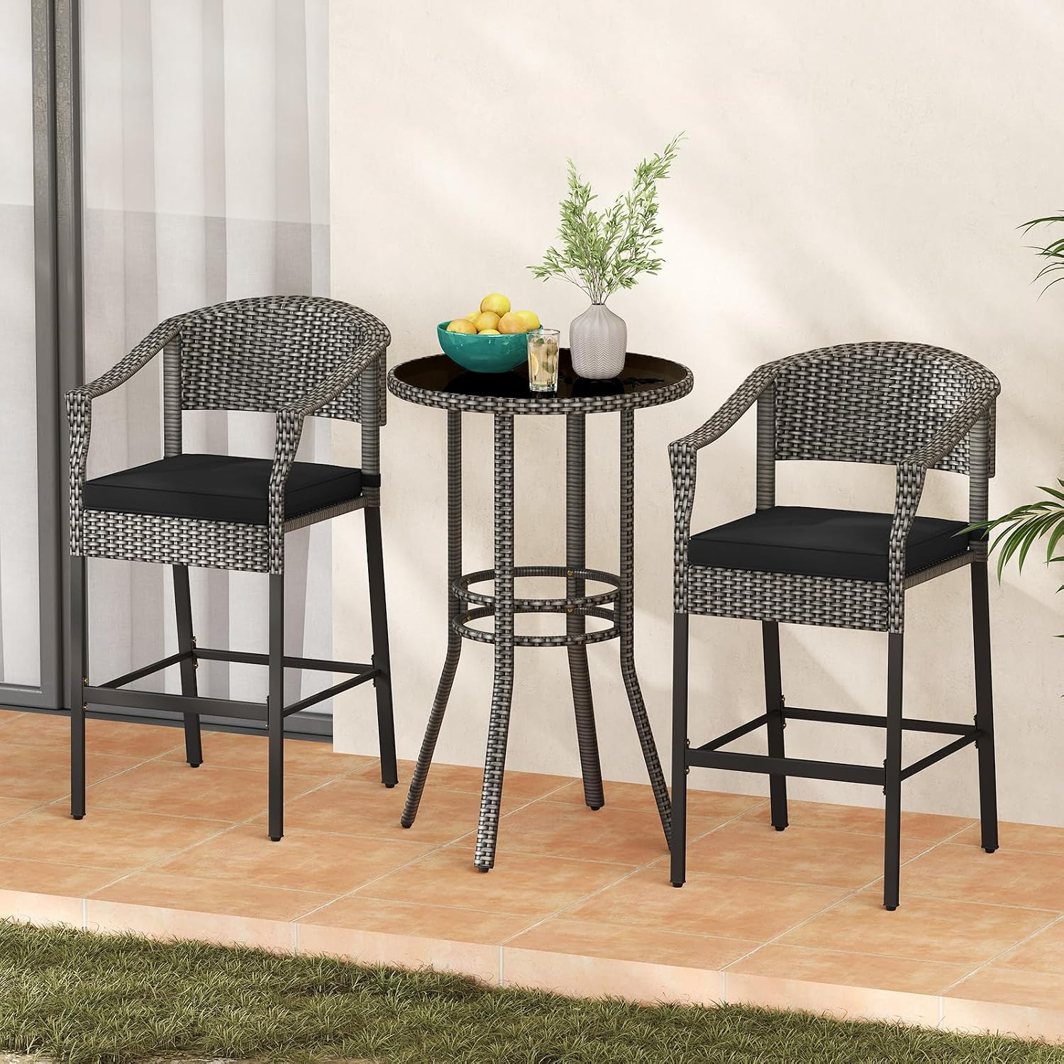 Mix Gray Rattan Glass Patio Bar Set