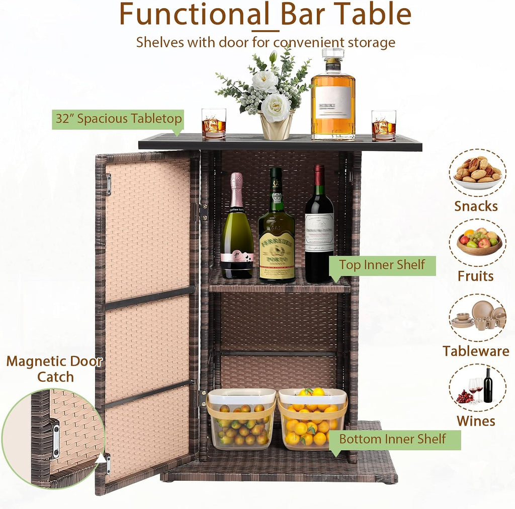 Brown Navy Rattan Storage Patio Bar Set