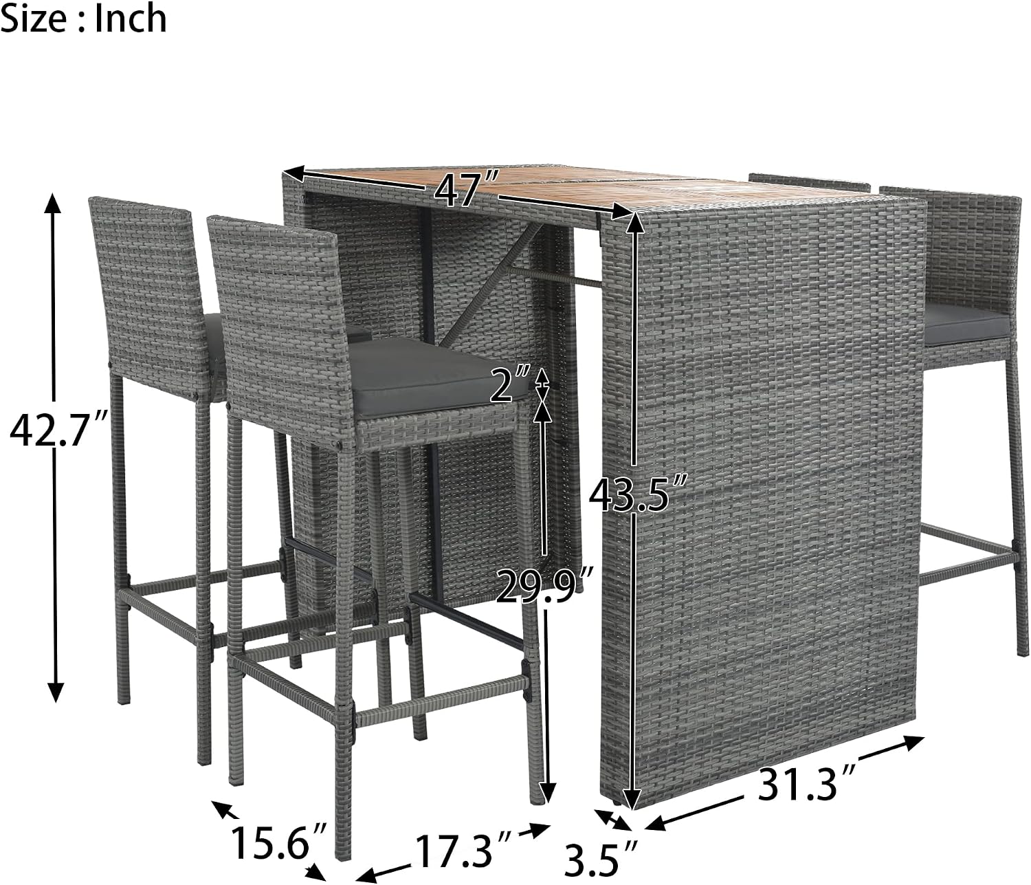 Wood Top Rattan Cushioned Bar Dining Set