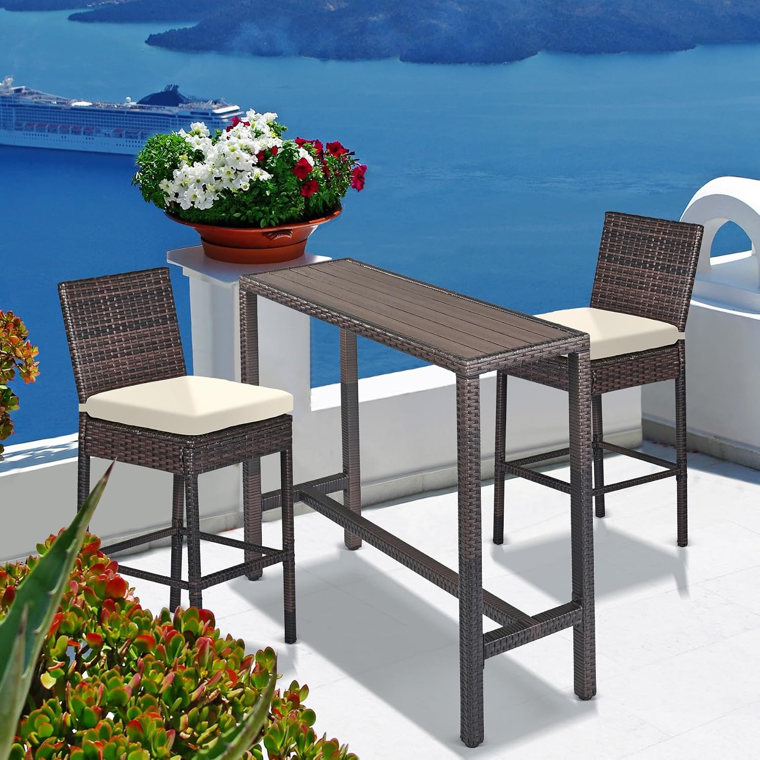 Brown Beige Wicker All Weather Bar Set