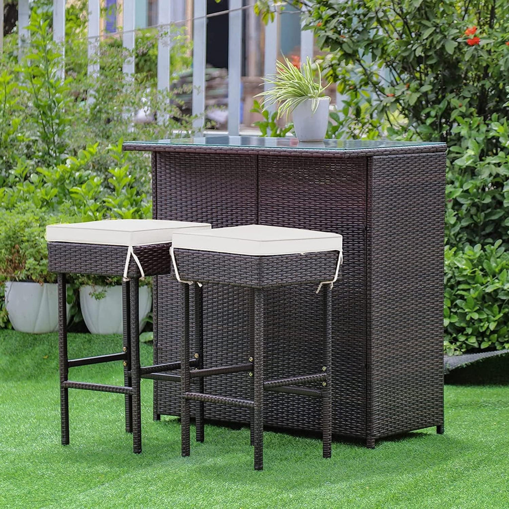 Rattan Glass Cushioned Patio Bar Set