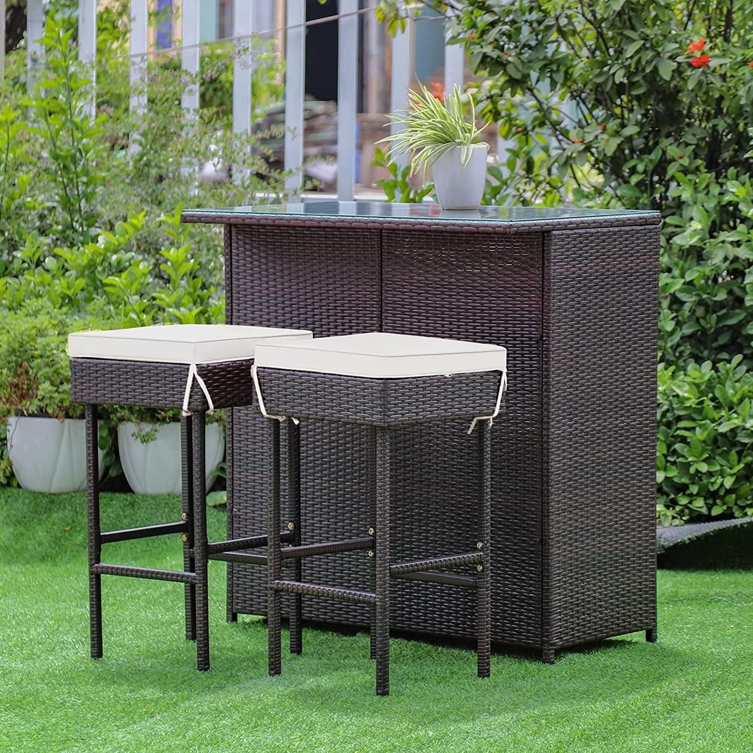 Rattan Glass Cushioned Patio Bar Set