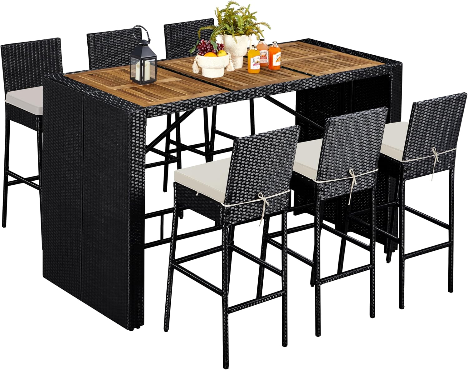 Black Beige Wood Wicker Patio Dining Set