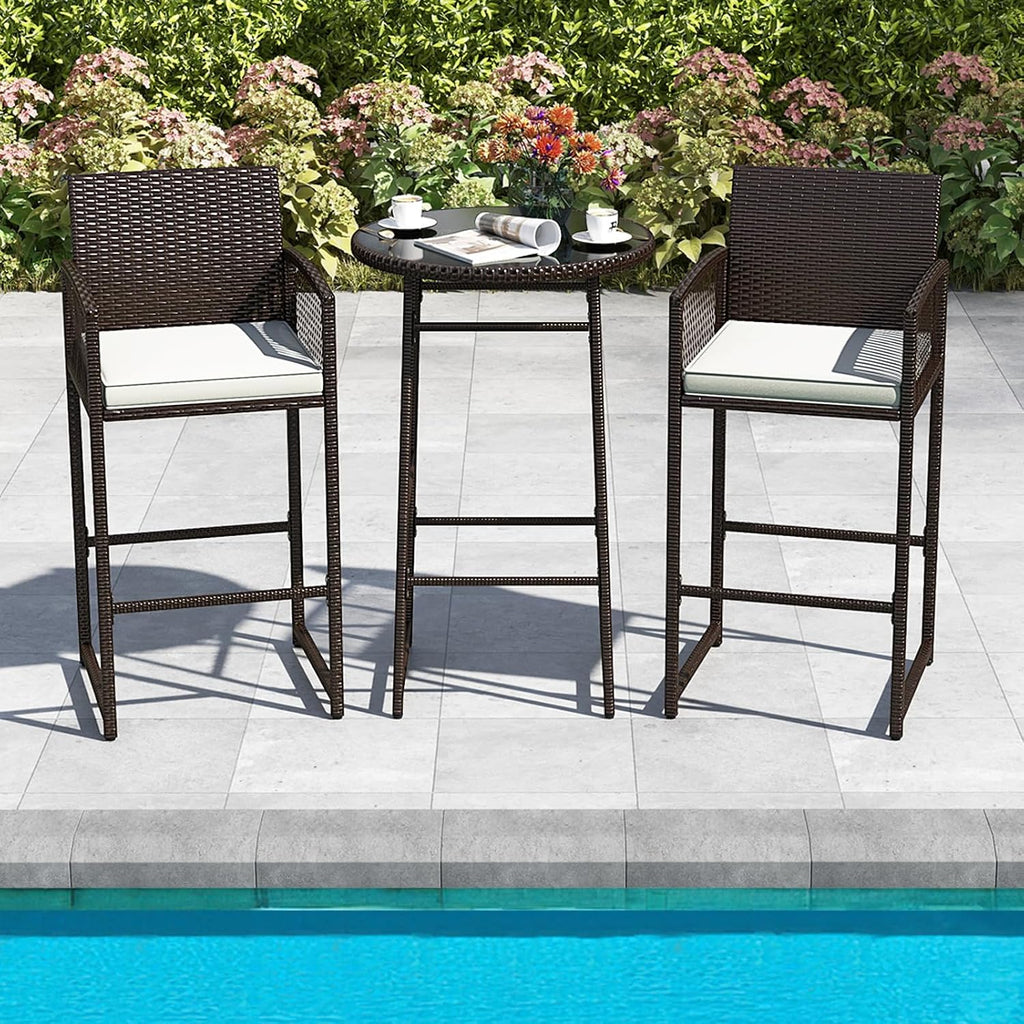Wicker Glass Cushioned Patio Bar Set