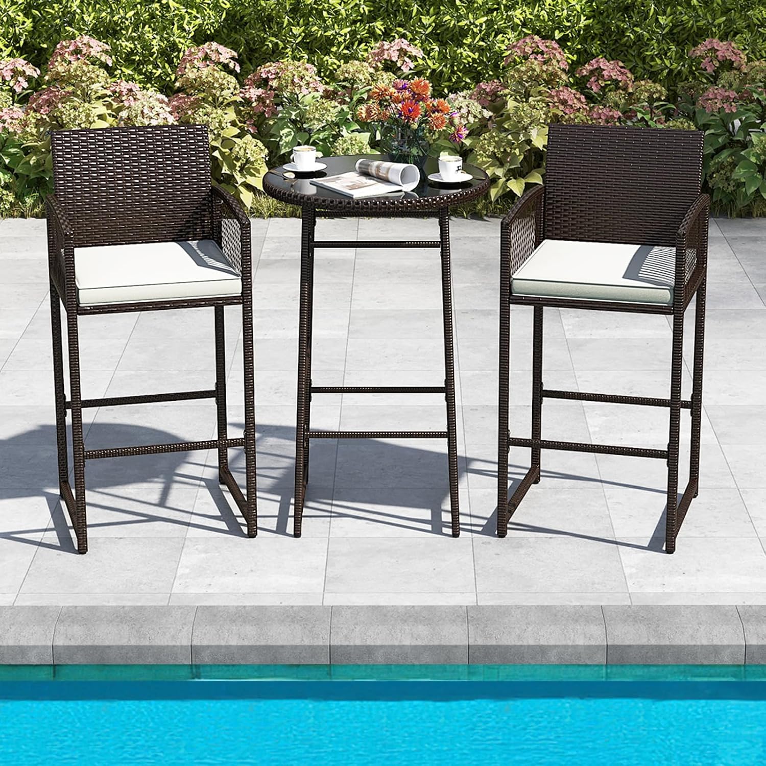 Wicker Glass Cushioned Patio Bar Set