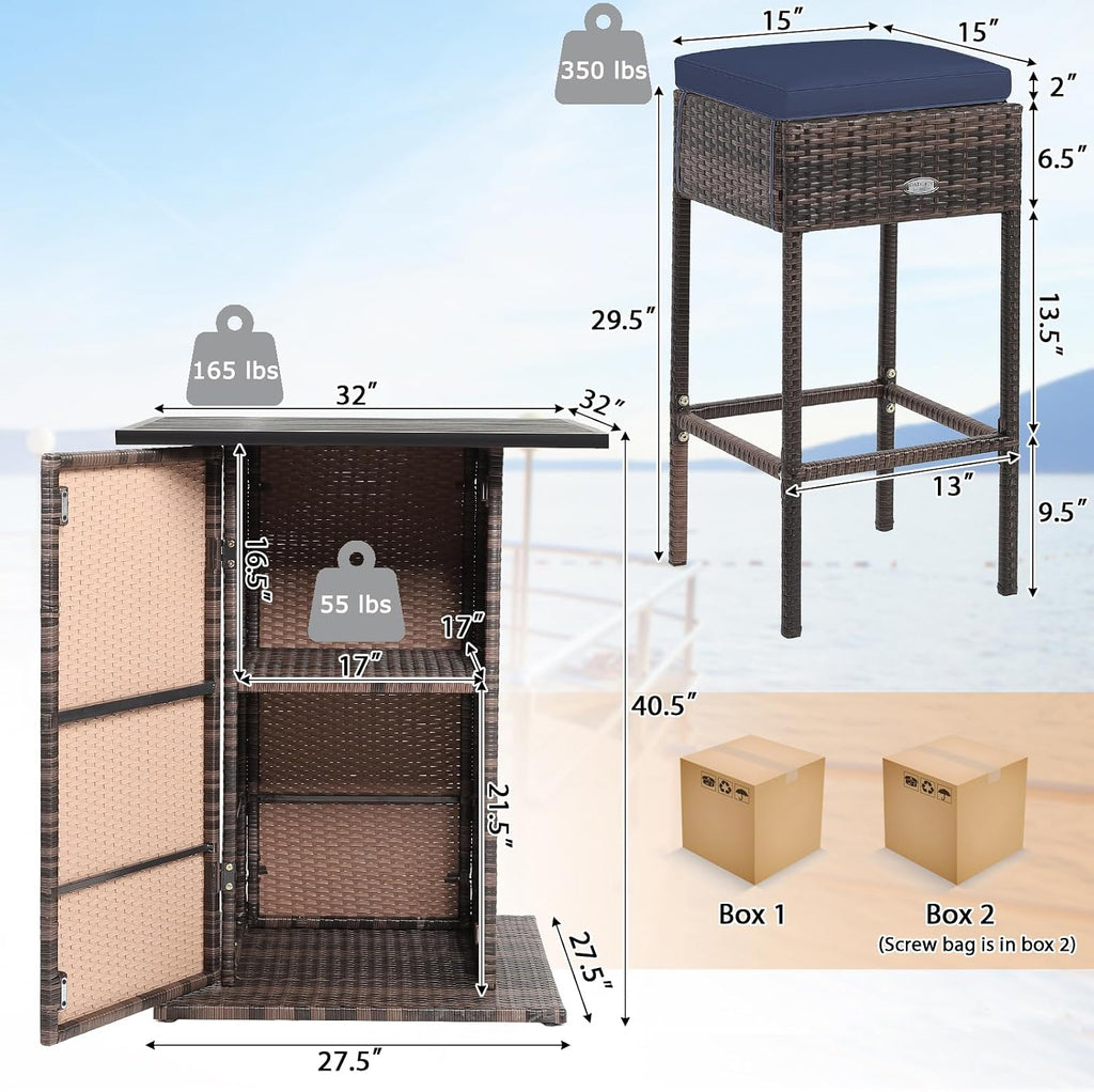 Brown Navy Rattan Storage Patio Bar Set