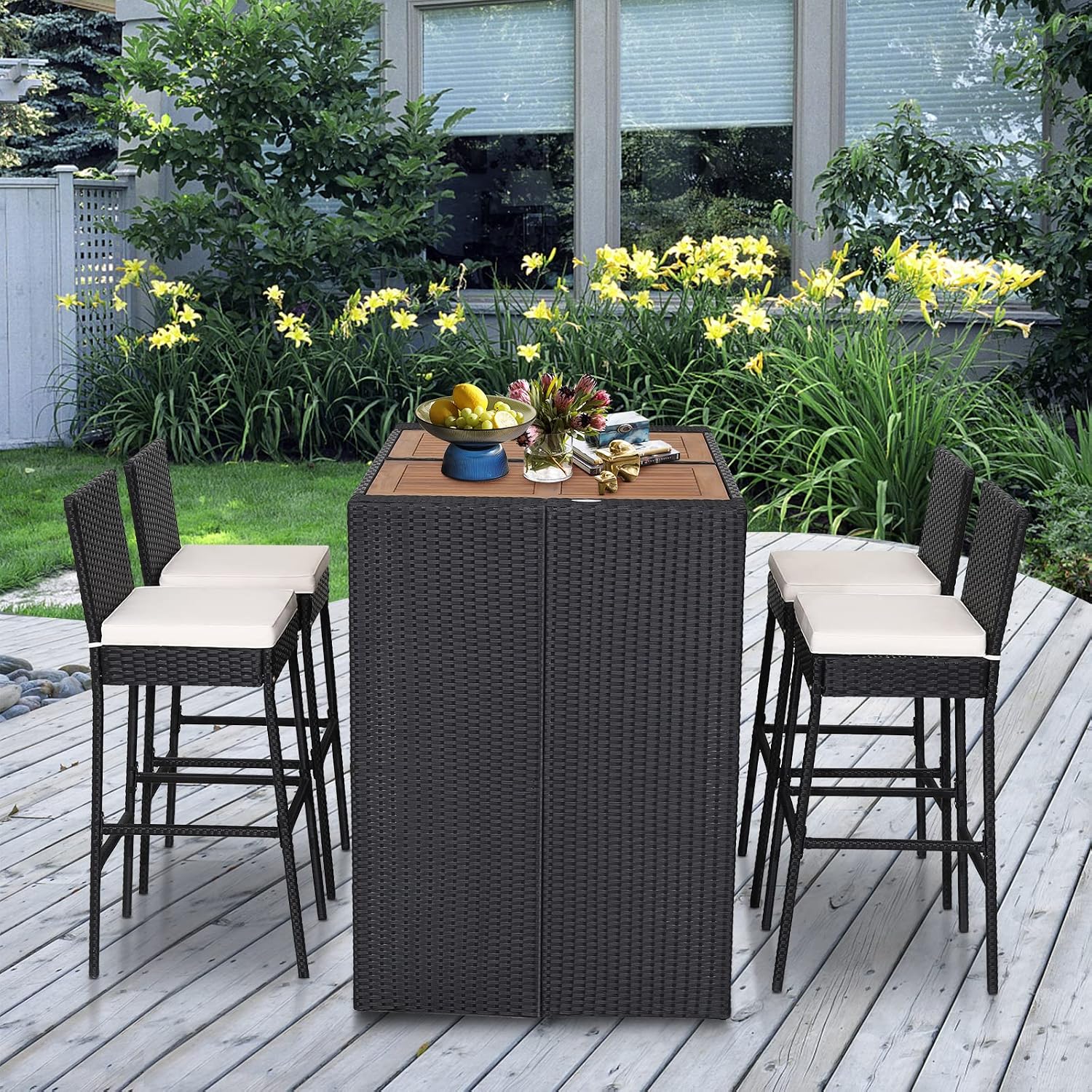 Wood Wicker Patio Bar Table Stool Set