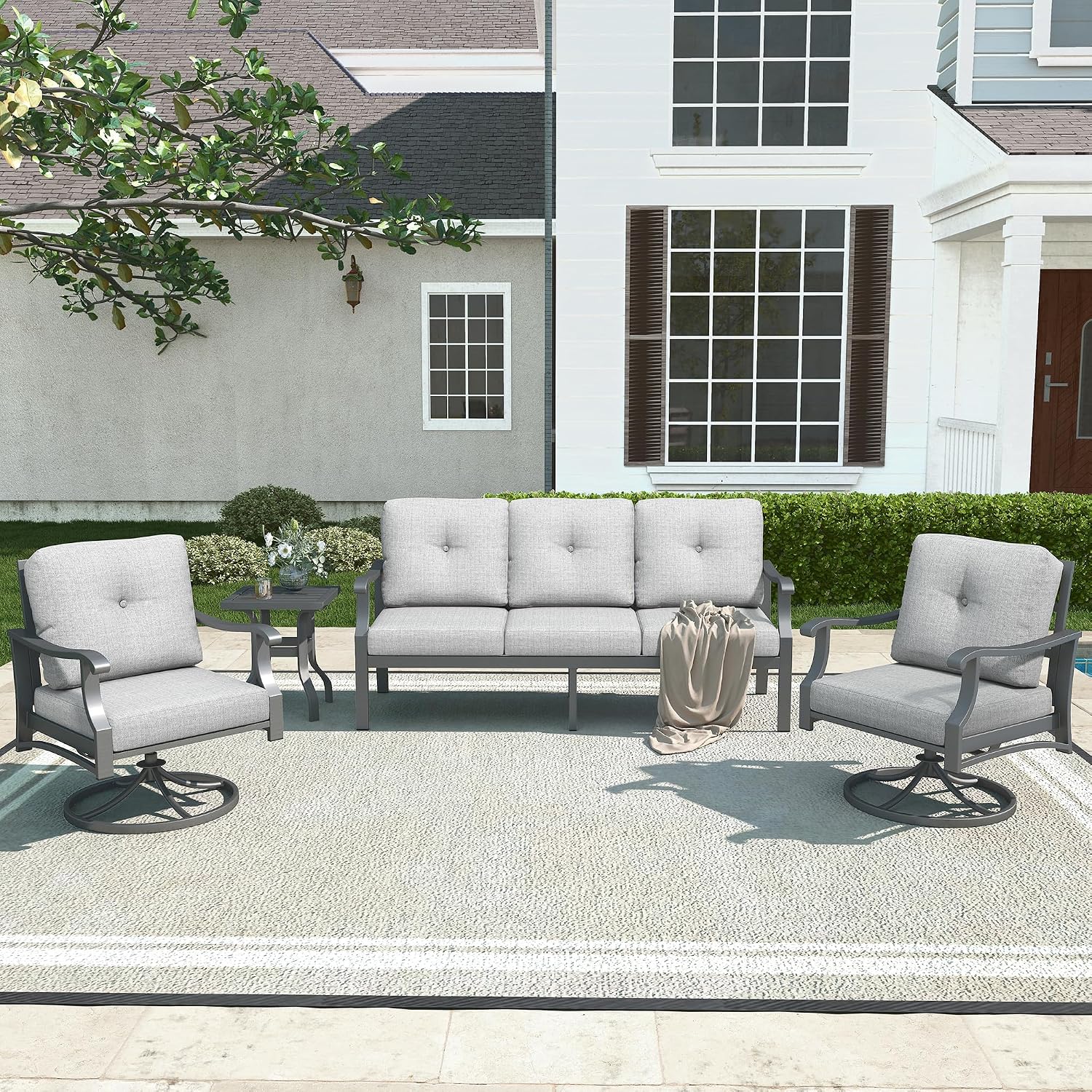 Gray Metal Swivel Patio Sofa Cushion Set