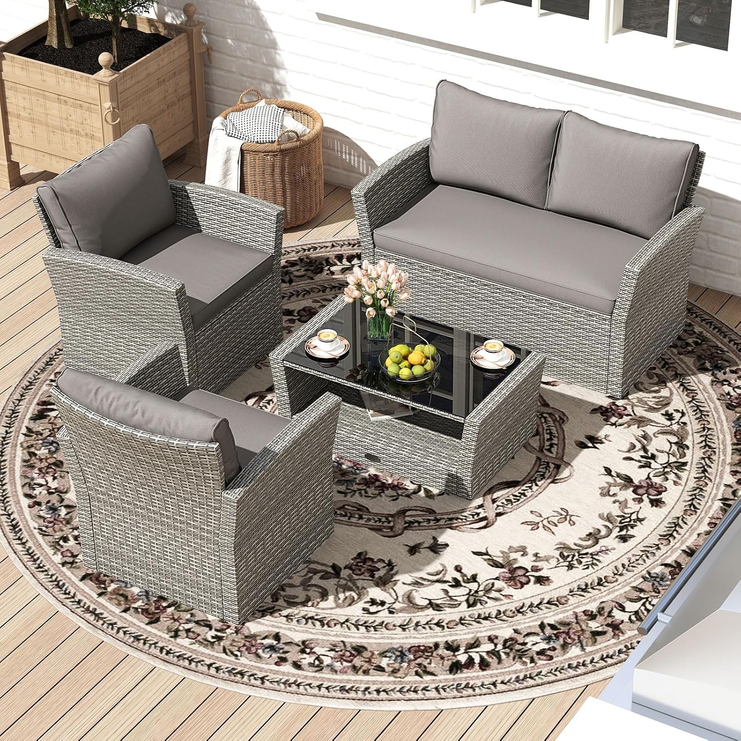 4Pc Gray Wicker Patio Furniture Set
