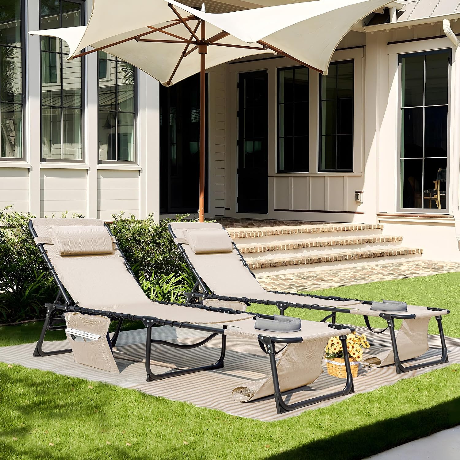 5-Position Adjustable Sunbathing Chaise Lounge Chair Face Holes