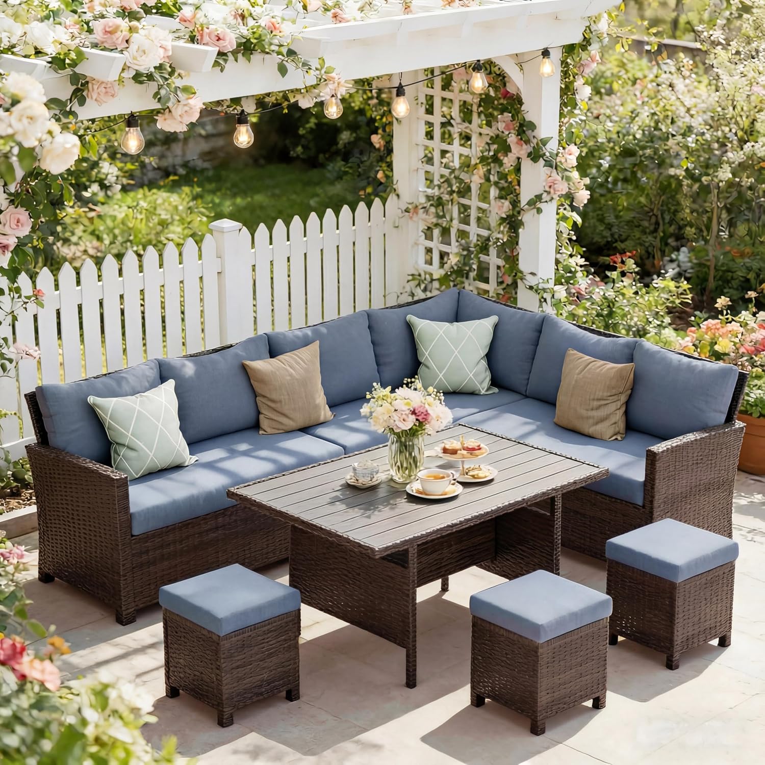 Blue Wicker Curved Back Patio Sectional Set