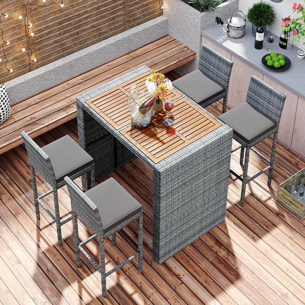 Wood Top Rattan Cushioned Bar Dining Set