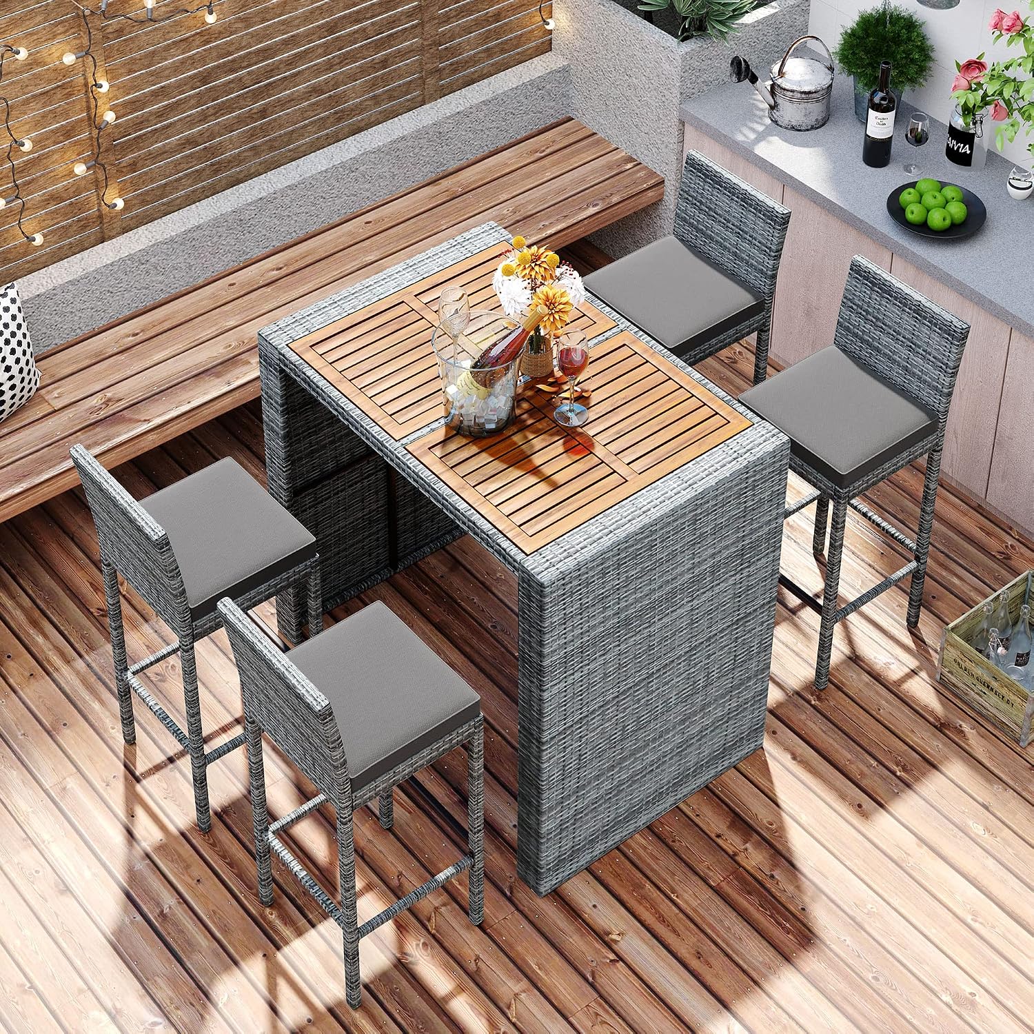 Wood Top Rattan Cushioned Bar Dining Set