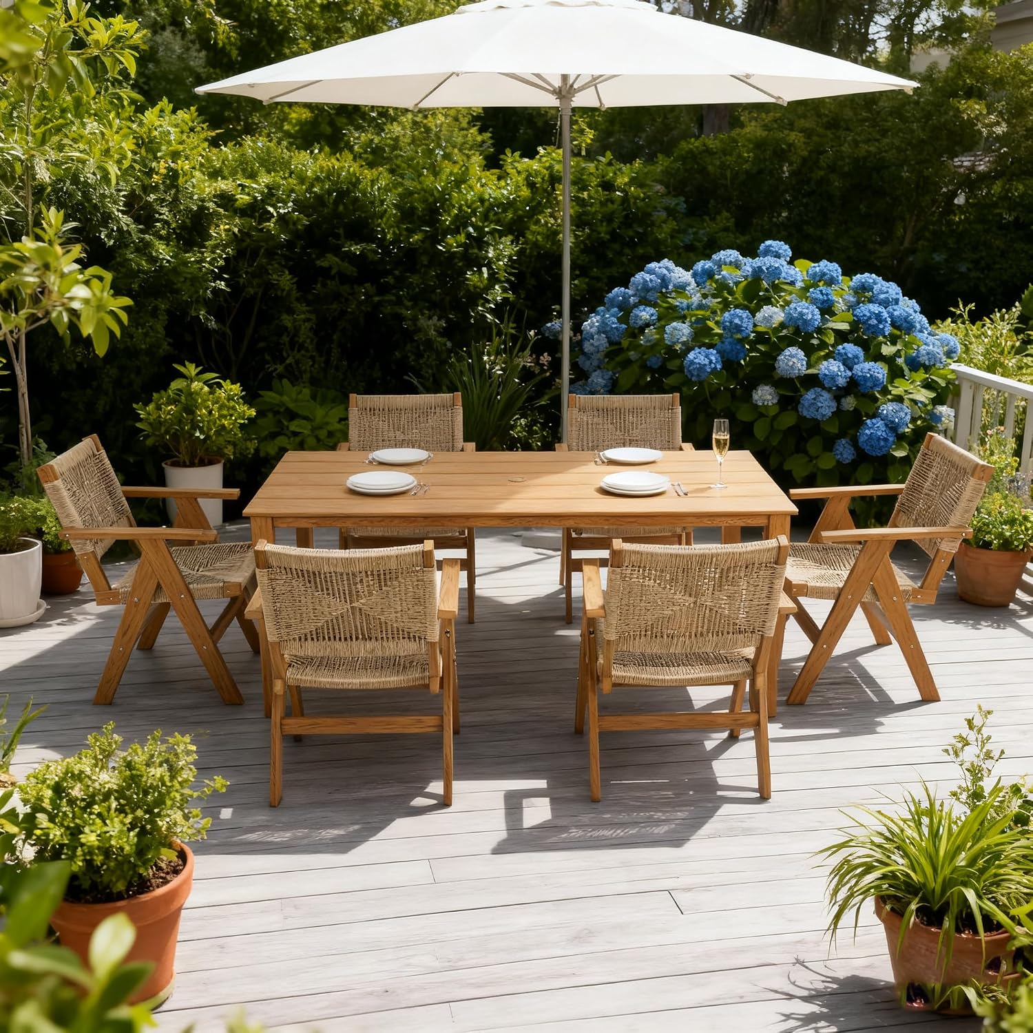 Teak Wooden Umbrella Hole 6 Seater Patio Table