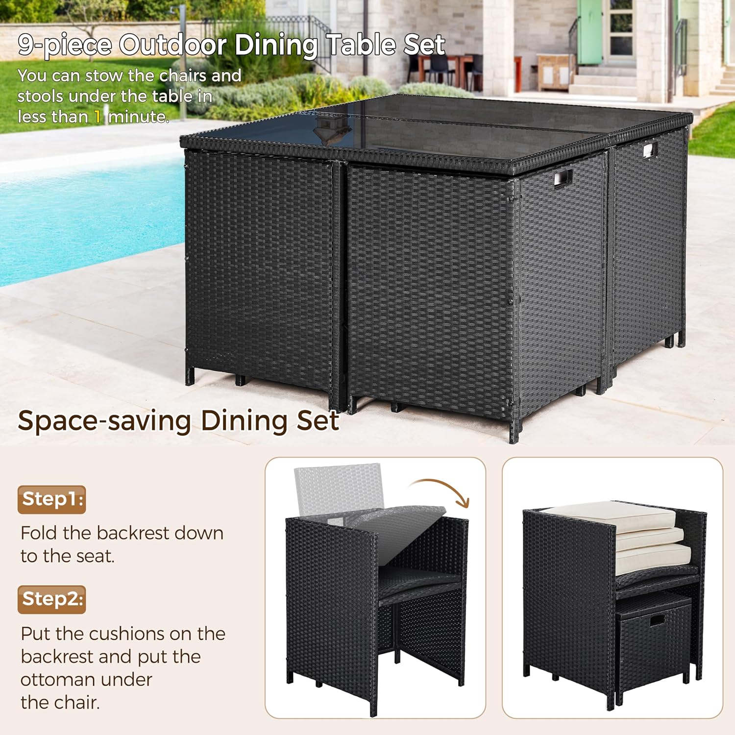 Black Beige Rattan Patio Dining Sofa Set