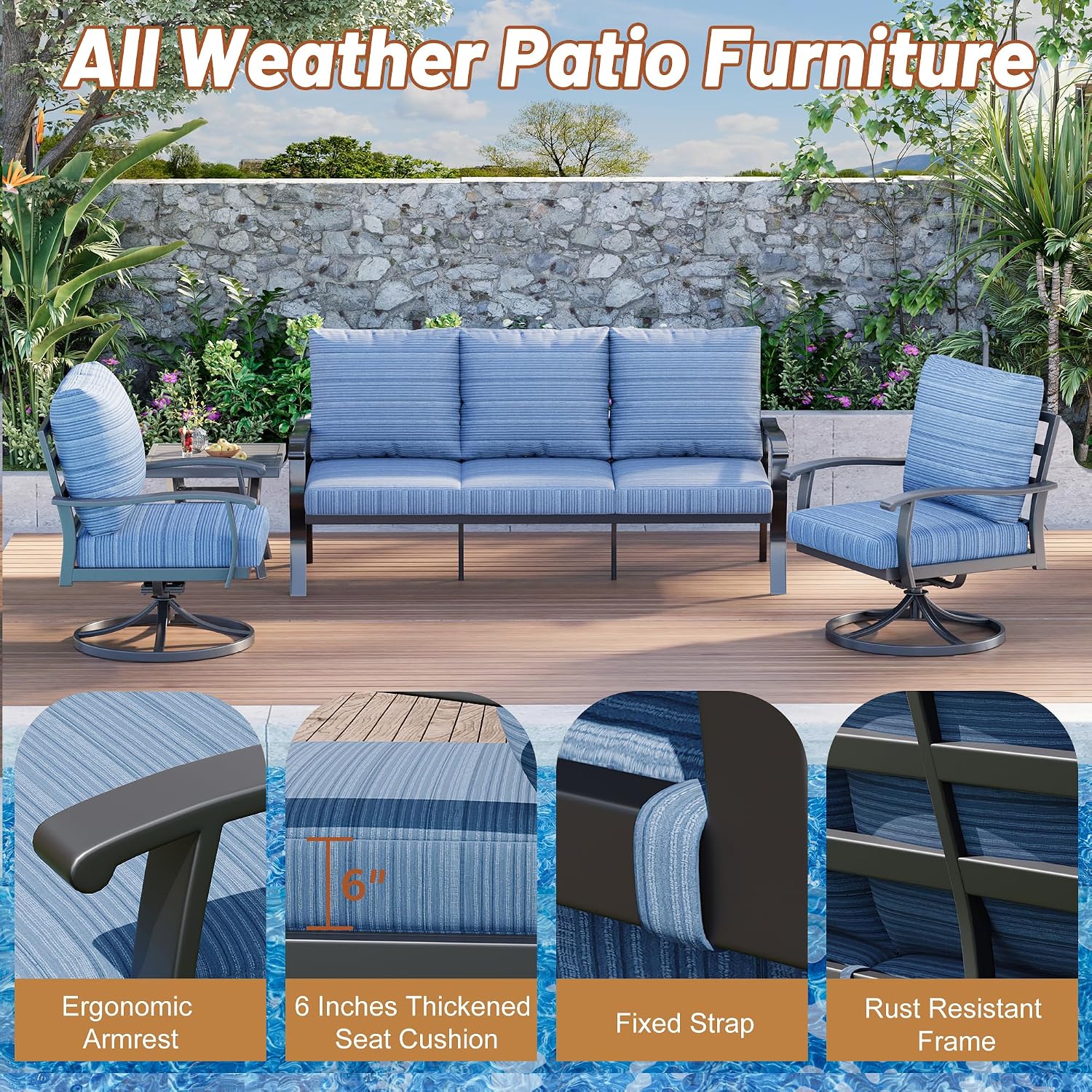 Swivel Rocking Metal Patio Sofa Table Set