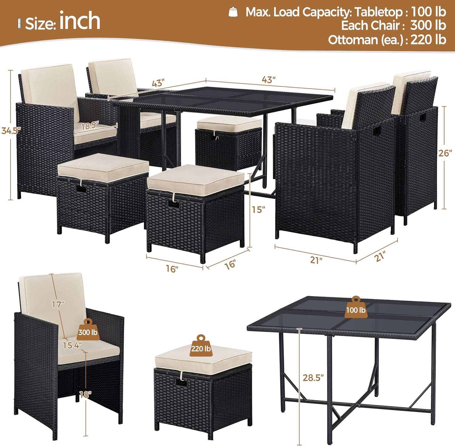 Black Beige Rattan Patio Dining Sofa Set