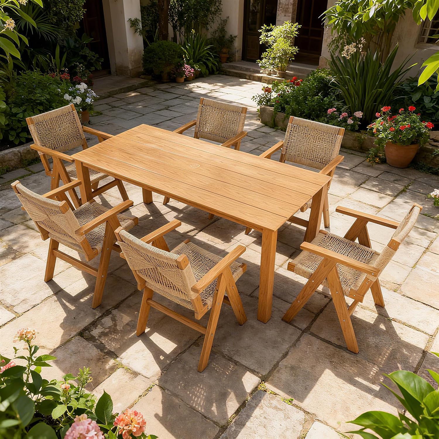 Teak Wooden Umbrella Hole 6 Seater Patio Table