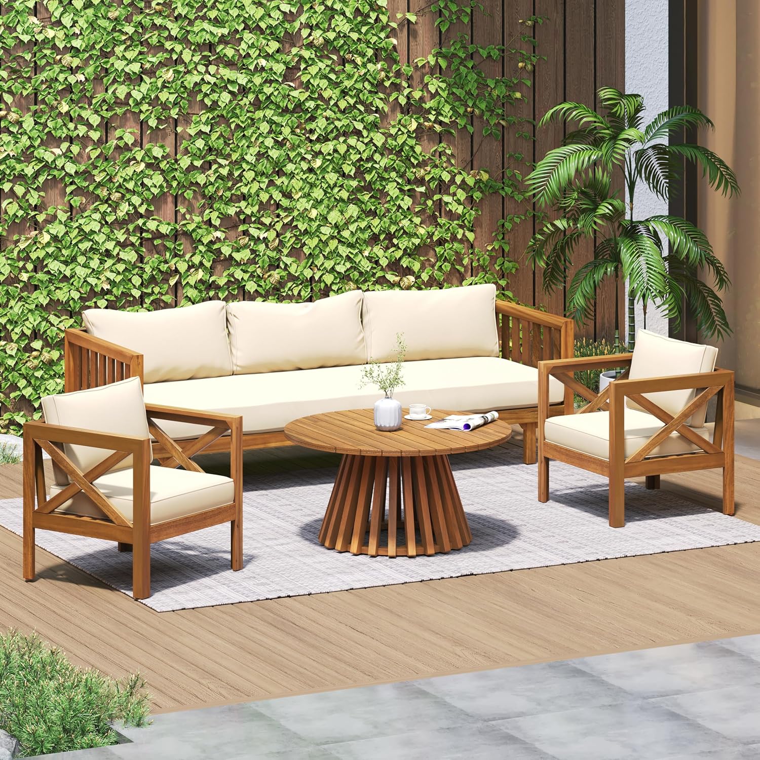 Teak Wood Cushioned Patio Sofa Set