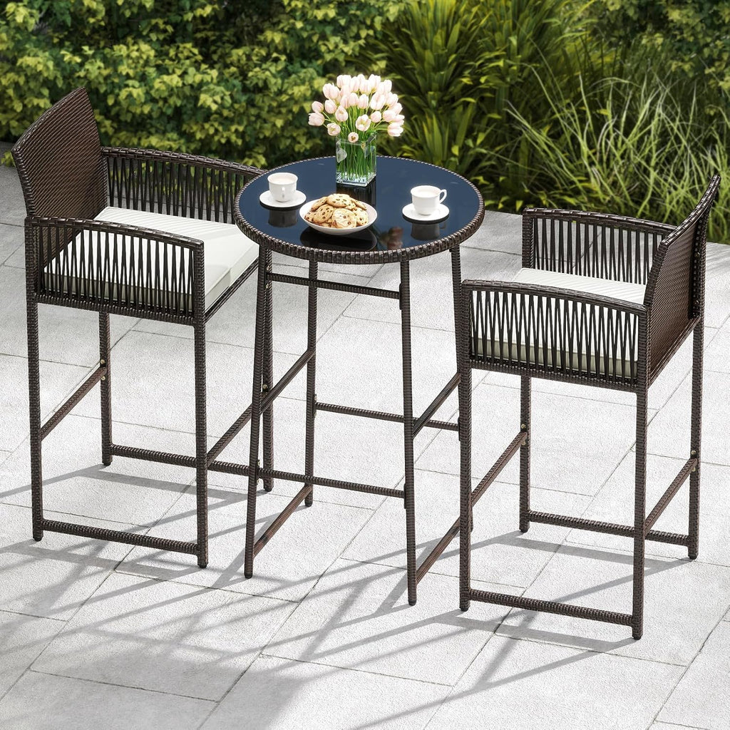 Wicker Glass Cushioned Patio Bar Set
