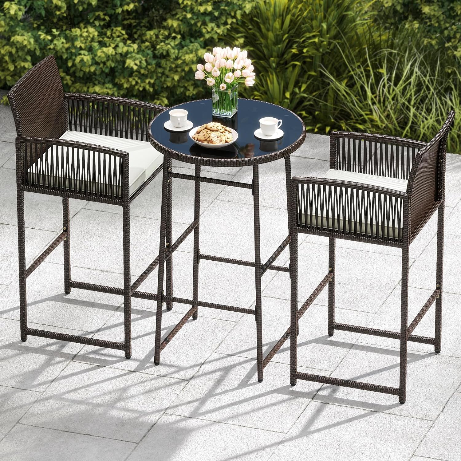 Wicker Glass Cushioned Patio Bar Set
