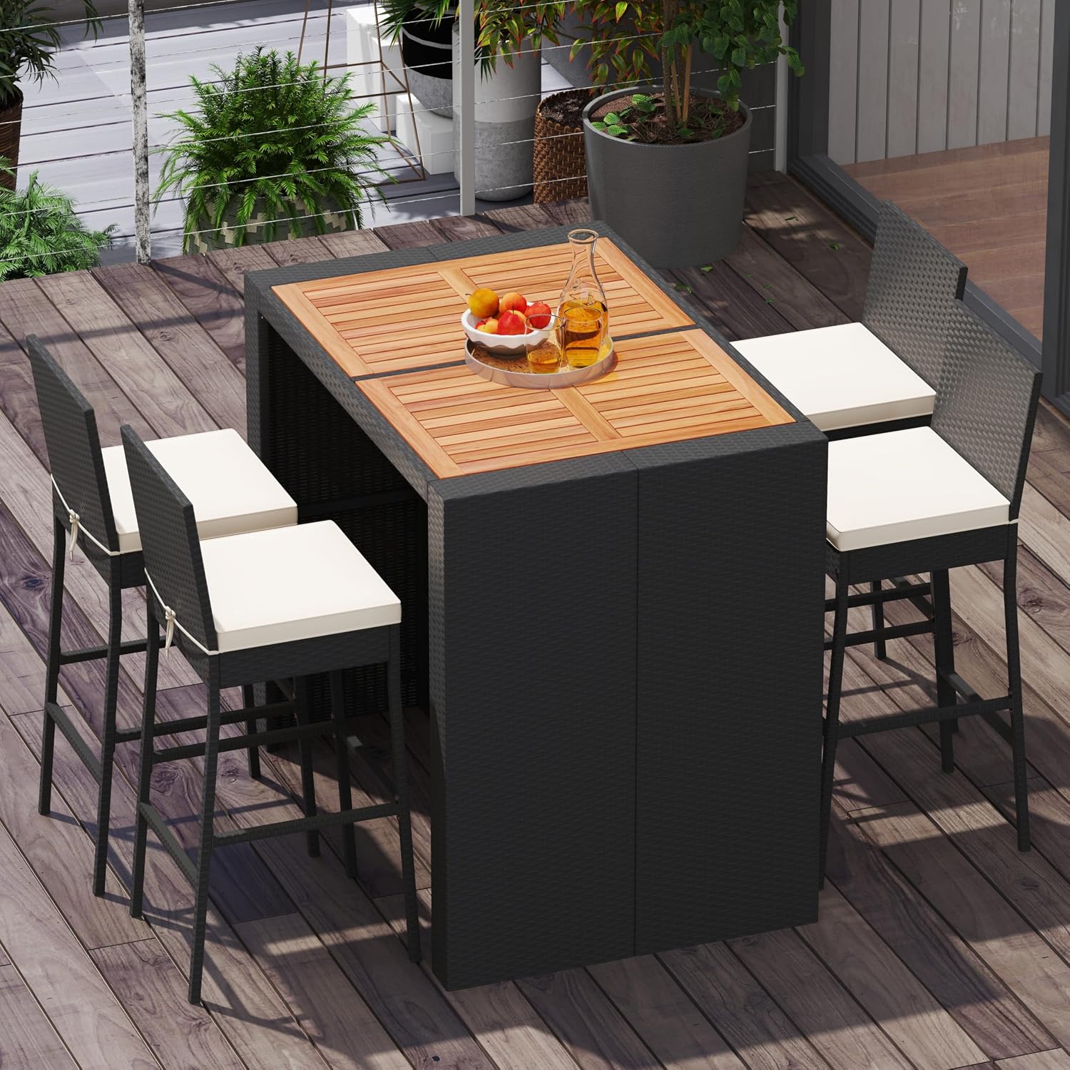 Wood Top Rattan Cushioned Patio Bar Set