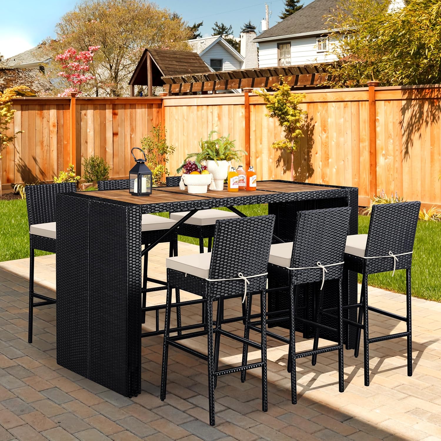 Black Beige Wood Wicker Patio Dining Set