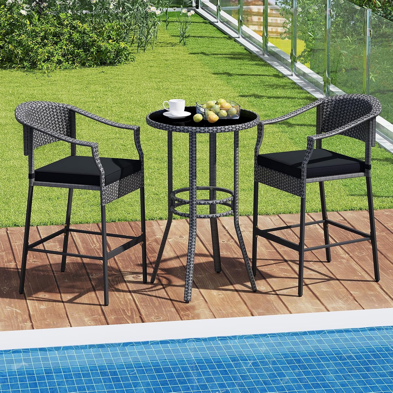 Mix Gray Rattan Glass Patio Bar Set