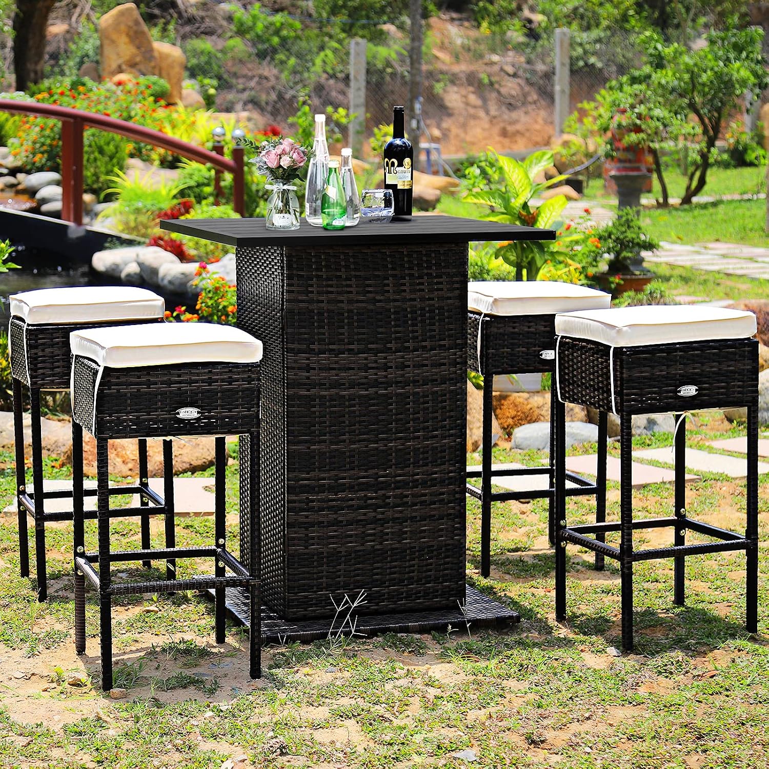 Rattan Storage Cushioned Patio Bar Set