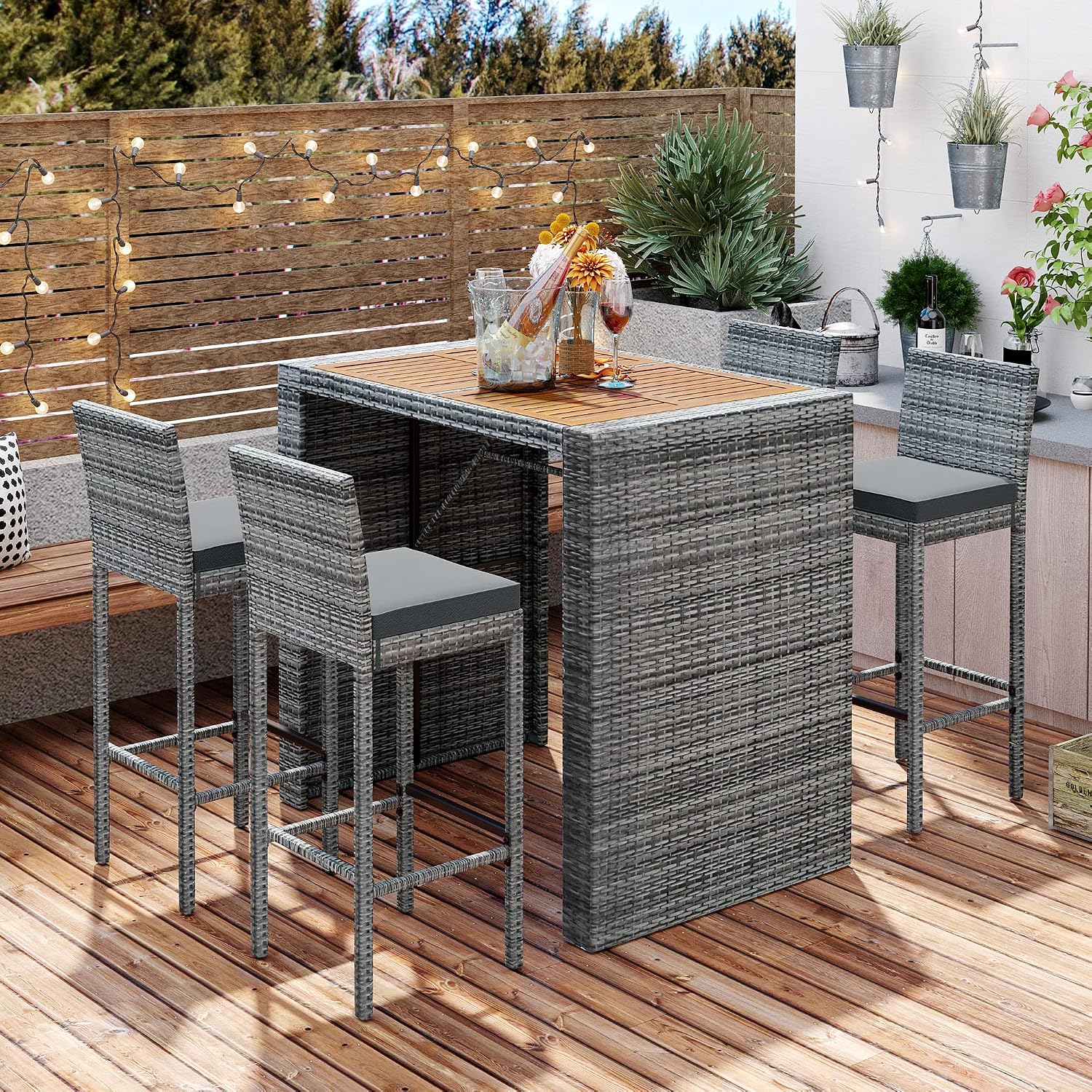 Wood Top Rattan Cushioned Bar Dining Set