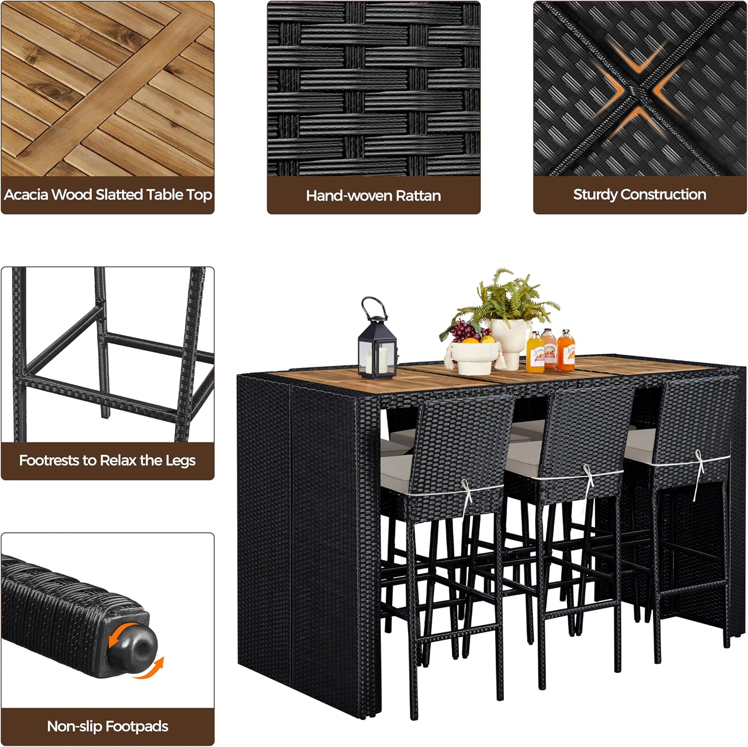 Black Beige Wood Wicker Patio Dining Set