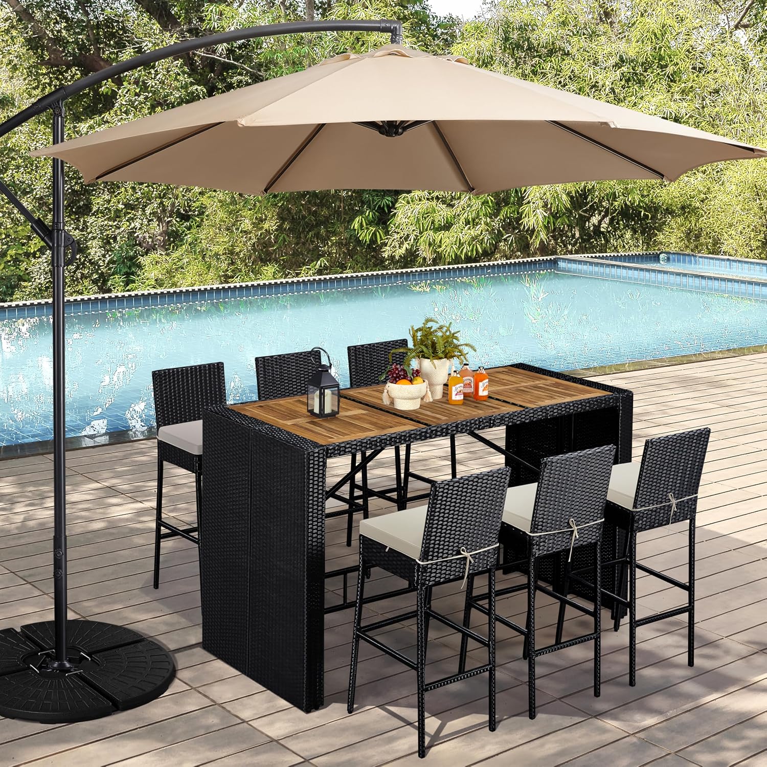 Black Beige Wood Wicker Patio Dining Set